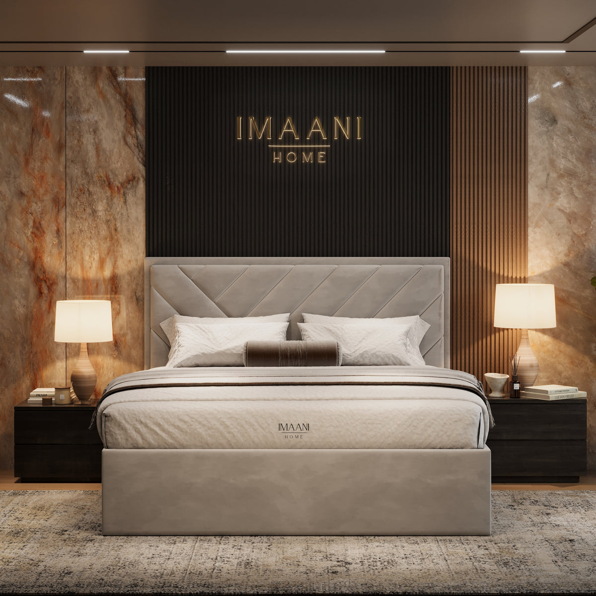 Front view of the Edward bed with a straight upholstered headboard in light taupe, detailed with diagonal geometric panel sections and a clean low-profile base.