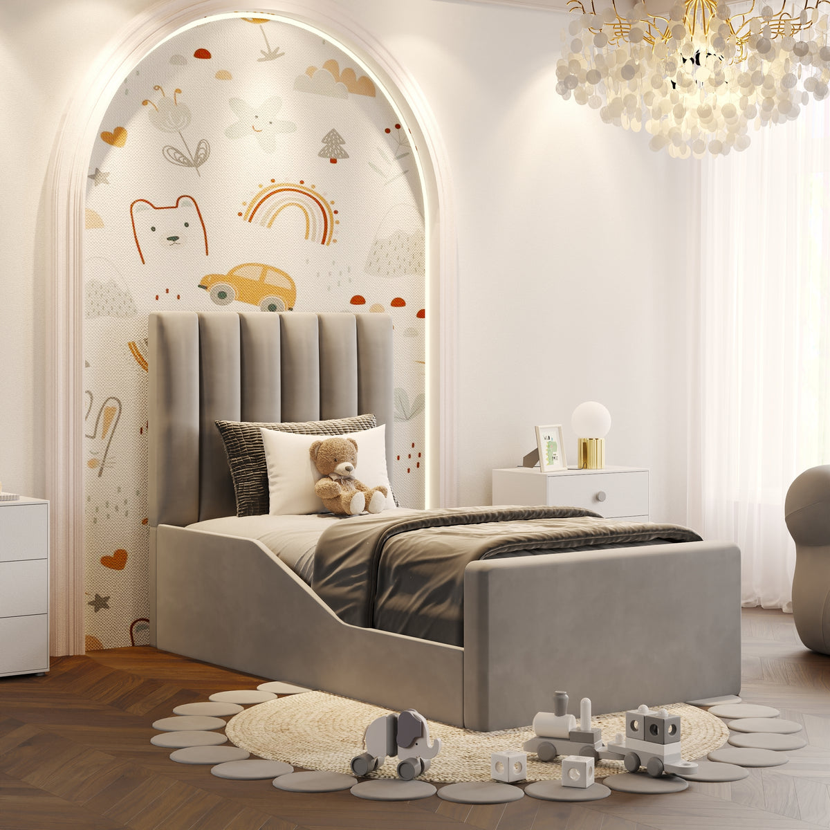 Eva Mink Panel Headboard Ottoman Storage Kids Bed Frame