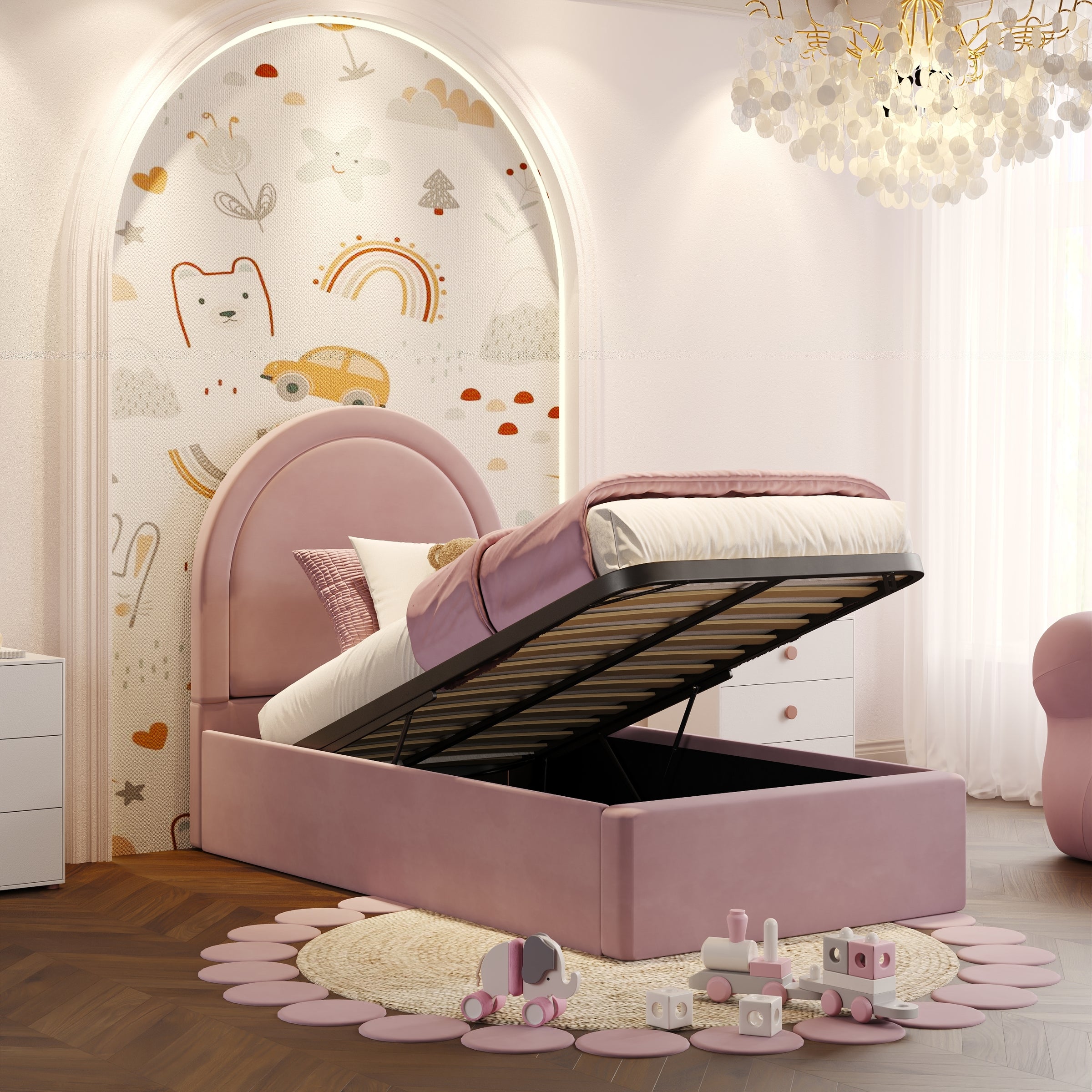 Lillian Pink Curved Headboard Kids Ottoman Storage Bed