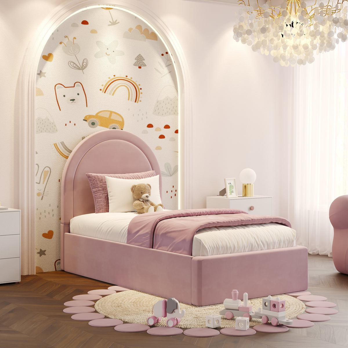 Lillian Pink Curved Headboard Kids Ottoman Storage Bed