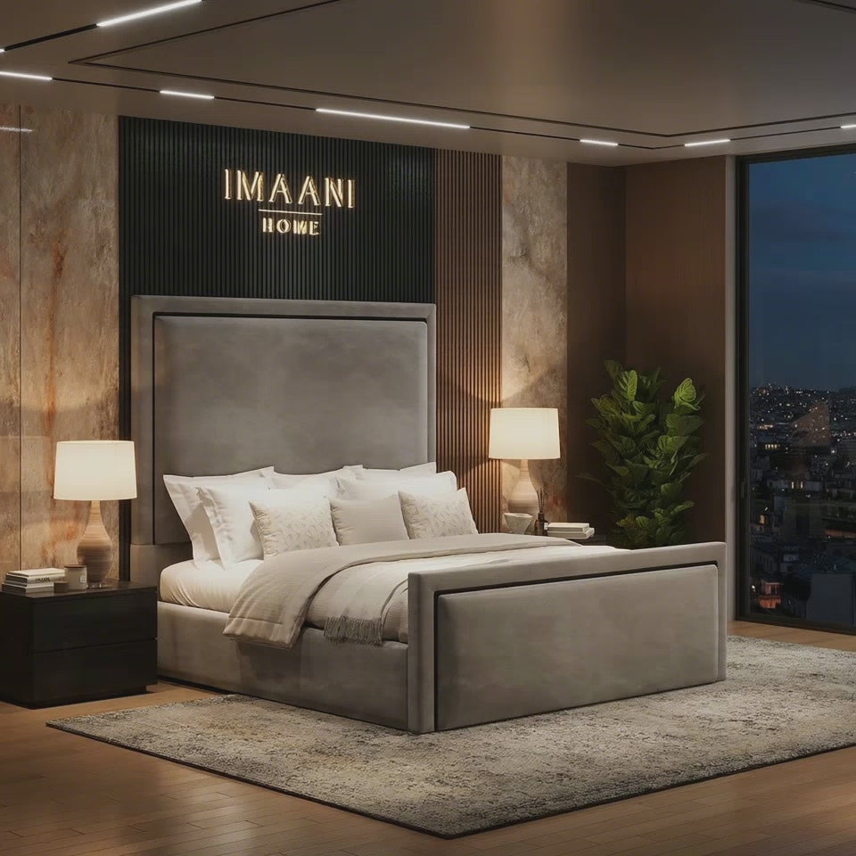 Cairo Grey Velvet High Headboard Ottoman Bed Frame
