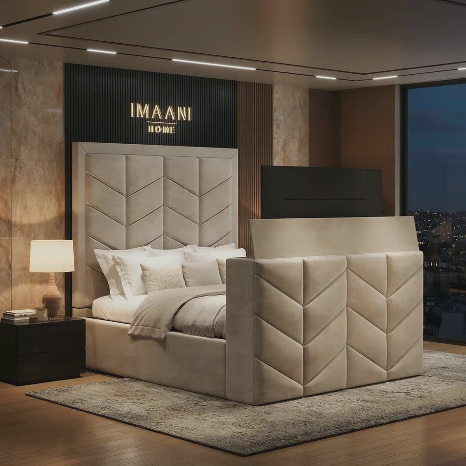 Aura Cream Velvet High Headboard TV Bed Frame with Ottoman Storage