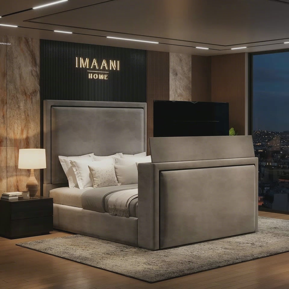 Armani Silver Velvet TV Bed Frame with Ottoman Storage