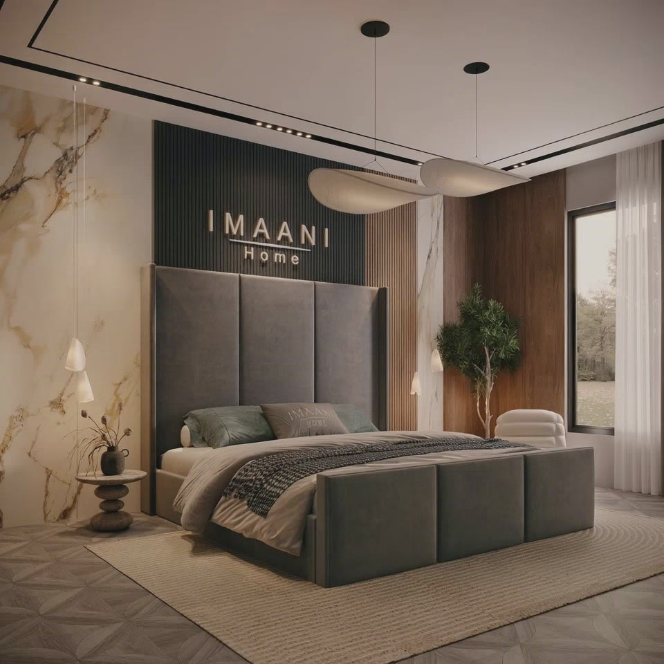 Birmingham Grey Velvet Wingback High Headboard Bed Frame
