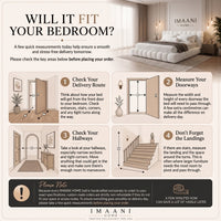 A promotional infographic for the Imaani Home bedroom measurement service, titled 'WILL IT FIT YOUR BEDROOM?'. The top half shows a styled bedroom interior with a bed and the Imaani Home logo on the wall.